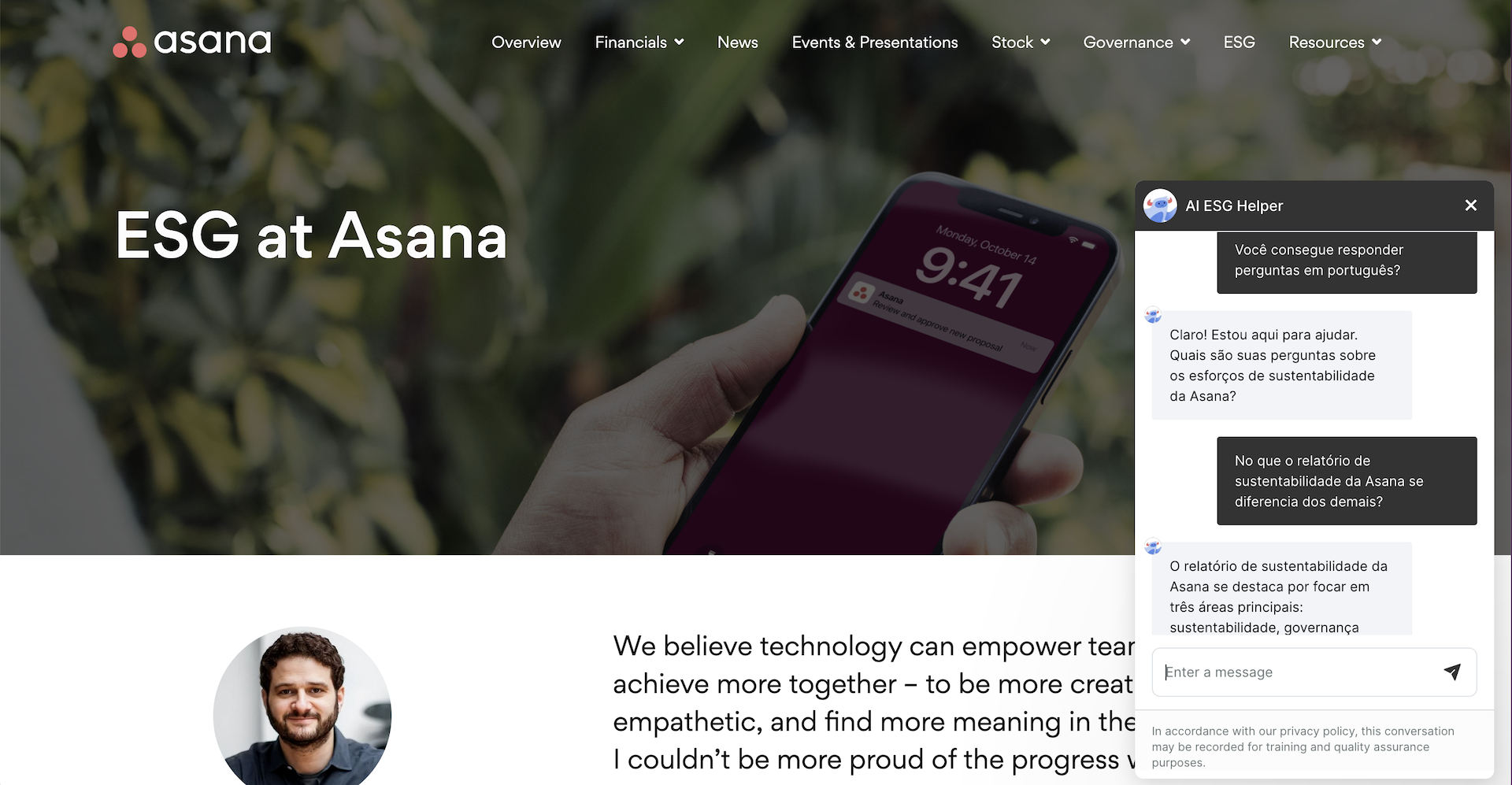 Asana lança chatbot que utiliza Inteligência Artificial que possibilita interação com dados de relatório de sustentabilidade